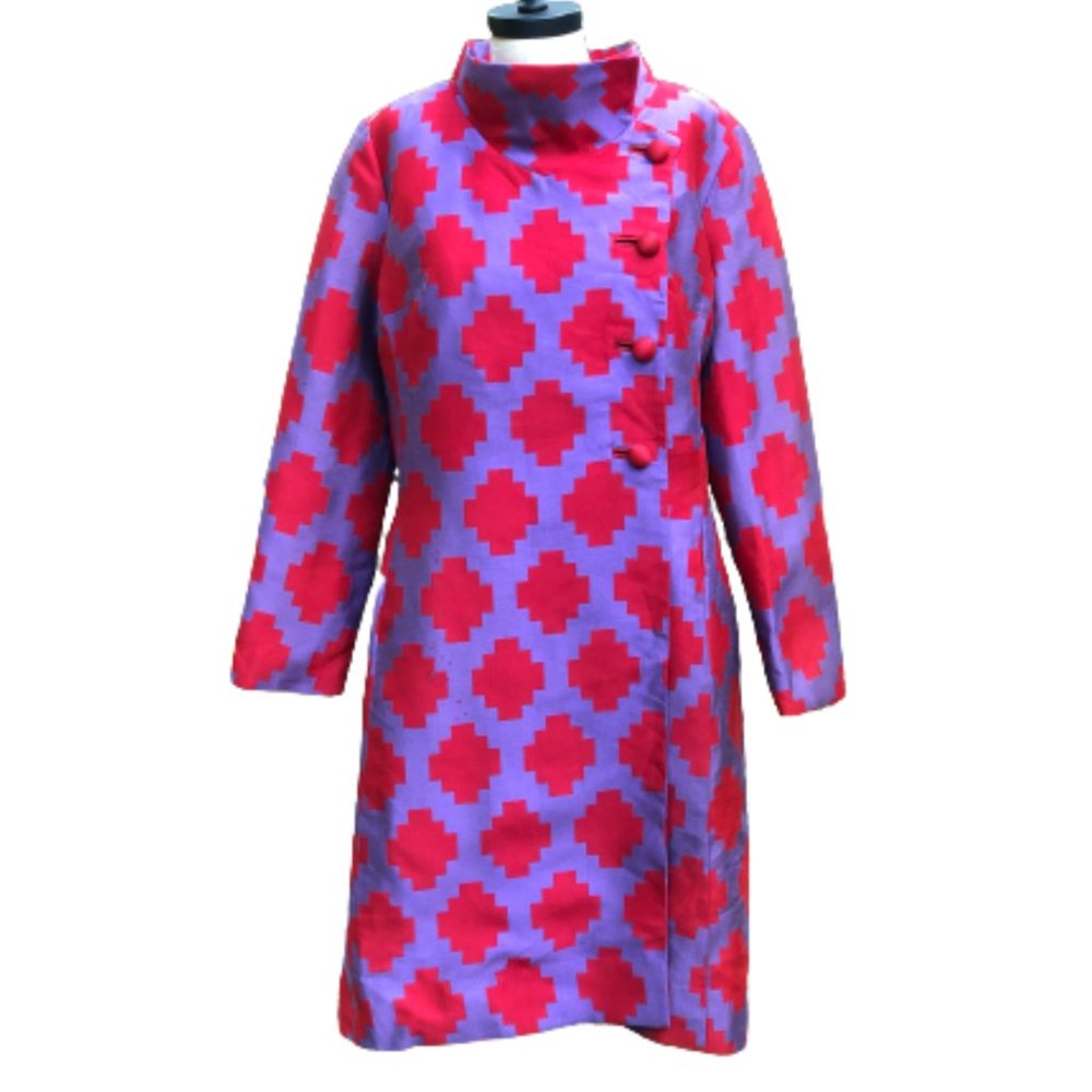 Vtg 50s/60s Silk Geometric Print Funnel Neck Topper Jacket Coat Dress Lou-Ette